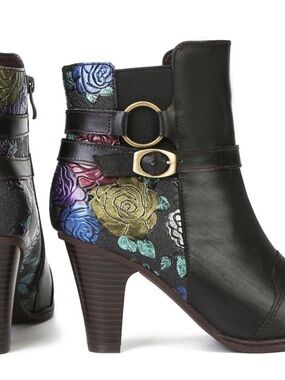 Black Floral Embossed Ankle Booties with Gold Buckle